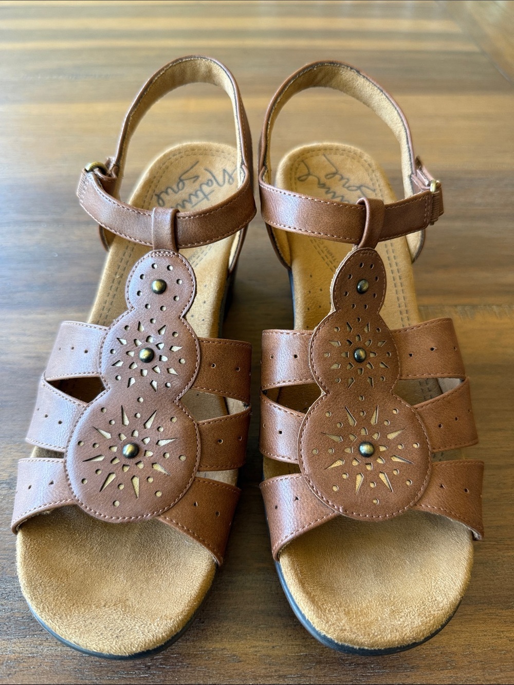 Clarks Brown Leather Cutout T-Strap Sandals